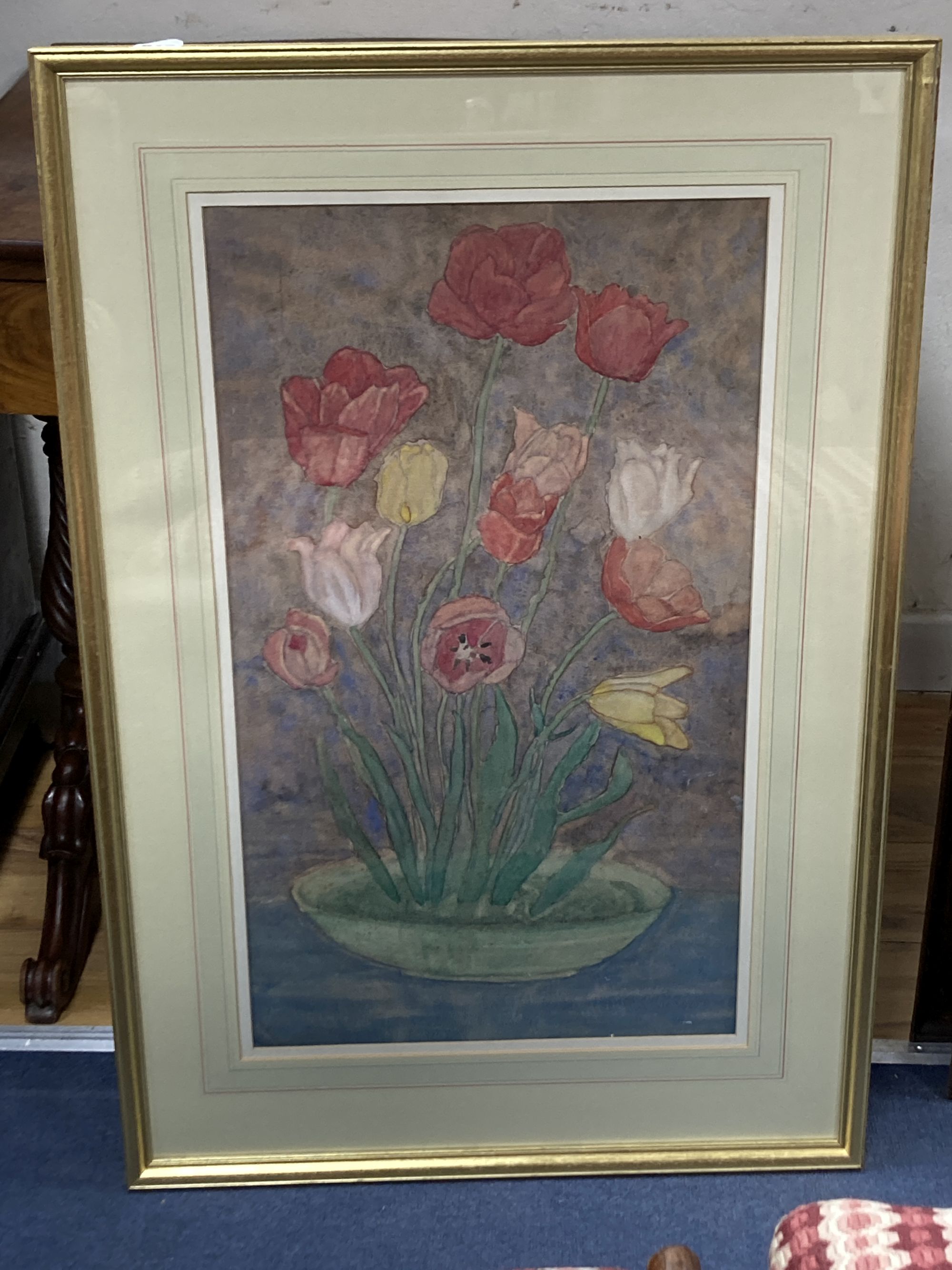 Modern British, watercolour, Still life of tulips in a bowl, 66 x 38cm